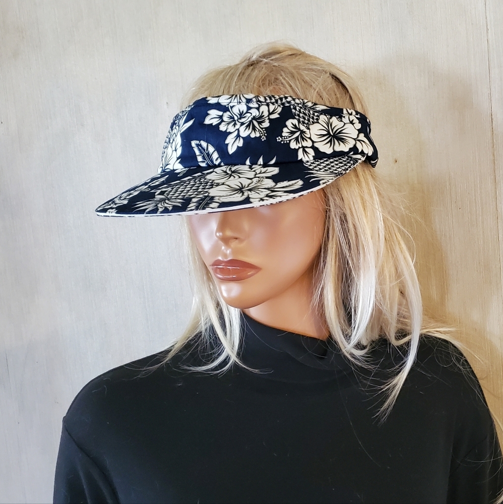 Dorfman Pacific Maui Sun Visor Hat Hibiscus Flowers Blue White Long Bill